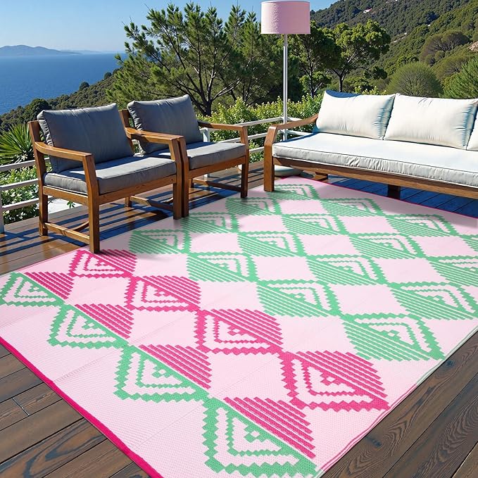 Beeiva Waterproof Outdoor Rug 8x10, Reversible Plastic Straw Patio Mat, Modern Geometric Large Outdoor Camping Rugs for Porch, Deck, Backyard, Balcony, Picnic - Pink & Green