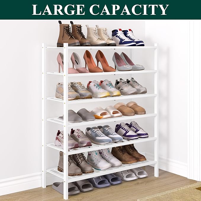 Smiry Bamboo Shoe Rack for Closet, 6 Tier Wooden Stackable Shoe Organizer, Free Standing Shoes Storage Shelf for Entryway, Front Door Entrance, White