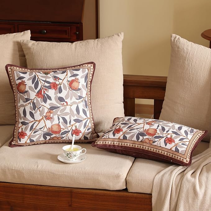 patdrea Designer Throw Pillow Covers Set of 2,Orange Farmhouse Rustic Linen with Pomegranate Fruit Pattern Pillow Covers,Decorative Square Pillowcases Cushion for Bed Living Room Outdoor,18"x18"