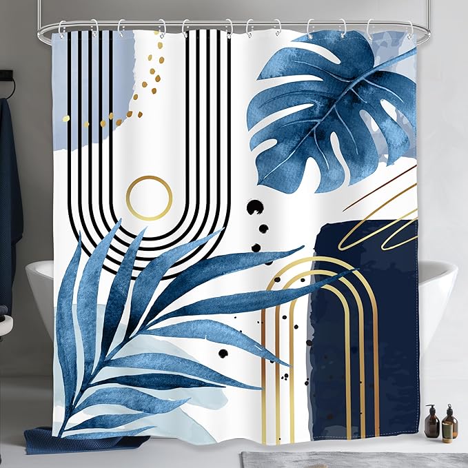 Glawry Blue Gold Boho Mid Century Shower Curtain Abstract Tropical Plant Minimalist Modern Geometric Palm Leaf Arch Bathroom Simple 60Wx72L Inches Bath Accessories Art Home Decor Fabric 12 Pack Hooks