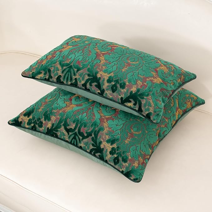 Alerfa Boho Green Floral Throw Pillow Cover 18x18 Inch Cut Velvet Sqaure Luxury Embroidered Decorative Pillow Cover for Couch Living Room Bedroom