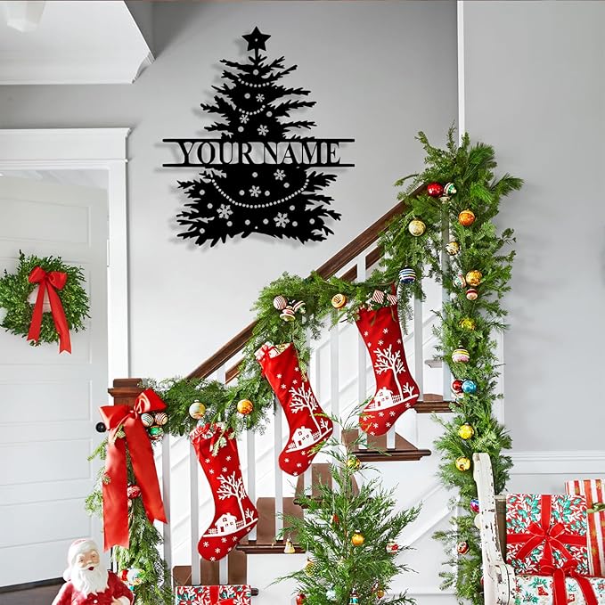 Personalized Christmas Tree Metal Sign, Custom Signs Outdoor Metal Wall Decor, Merry Christmas Tree Signs Wall Decoration for Home Living Room, Bedroom, Office, Garden, Porch