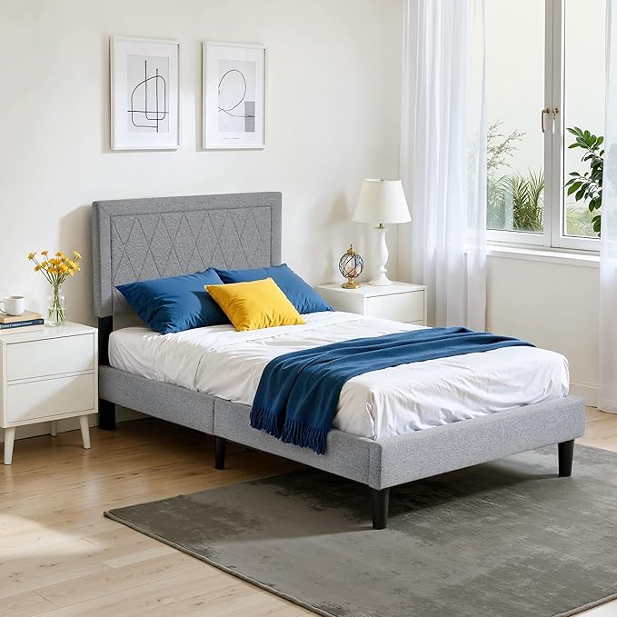 Hokway Bed Frame Upholstered Platform Bed with Headboard Wooden Slat Support No Box Spring Needed(Twin, Light Gray)