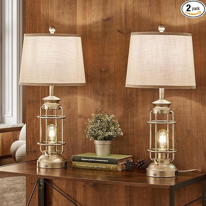 28.5" Retro Industrial Table Lamp for Living Room Bedroom Set of 2 Dimmable Touch Control Bedside Farmhouse Lamps with USB A+C Charging Ports and 2 Light Sources