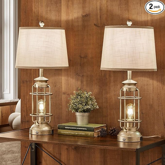 28.5" Retro Industrial Table Lamp for Living Room Bedroom Set of 2 Dimmable Touch Control Bedside Farmhouse Lamps with USB A+C Charging Ports and 2 Light Sources