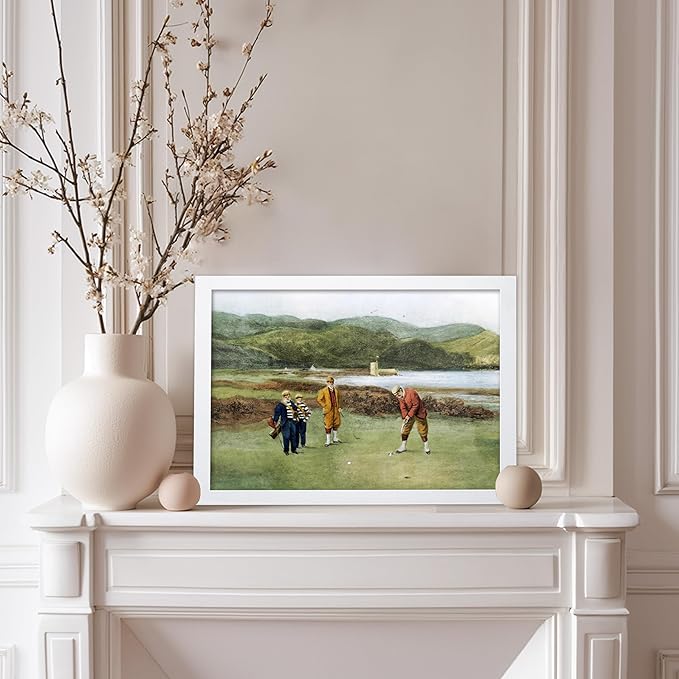 Poster Master The Putting Green Painting Poster - Golf Course Print - Golf Art - River Art - Sports Art - Landscape Art - Father's Day Art - Great Office or Living Room Decor, 8x10 White Framed