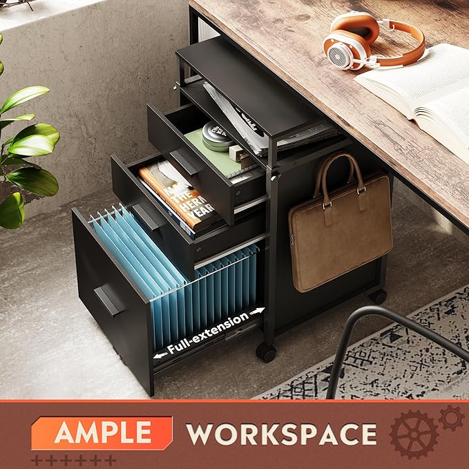 DEVAISE File Cabinet with Storage Drawers, Rolling Printer Stand with Adjustable Shelves, Wood Filing Cabinet for Home Office, Black