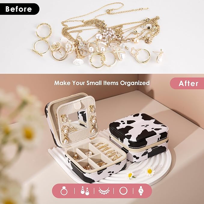 Cow Print Trave Jewelry Case, Animal Print Jewelry Box for Women Girl, Trinket Box Organizer, Adorable Birthday Gradution Gift
