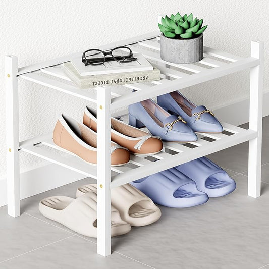 Smiry Bamboo Shoe Rack for Closet, 2 Tier Small Wooden Stackable Shoe Organizer, Free Standing Shoes Storage Shelf for Entryway, Front Door Entrance, White
