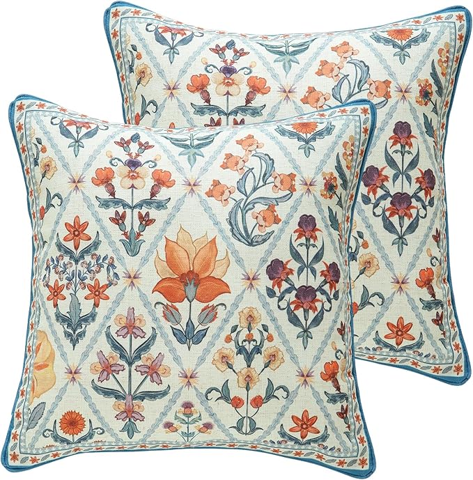 Design Square Linen Throw Pillow Covers 18"x18" Pack of 2, Blue Floral Country Cushion Covers with Colorful Wildflower Pattern Decor Pillowcases for Bed,Living Room,Outdoor,Car