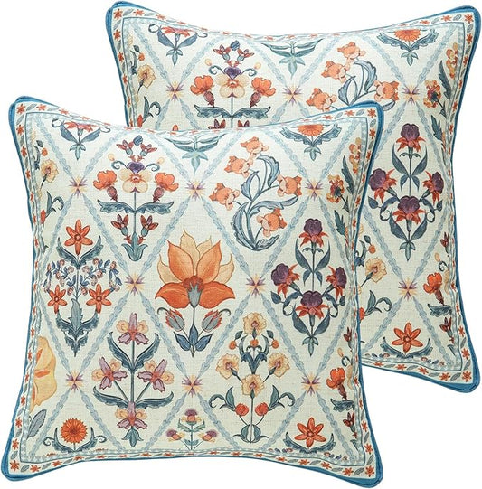 Design Square Linen Throw Pillow Covers 18"x18" Pack of 2, Blue Floral Country Cushion Covers with Colorful Wildflower Pattern Decor Pillowcases for Bed,Living Room,Outdoor,Car