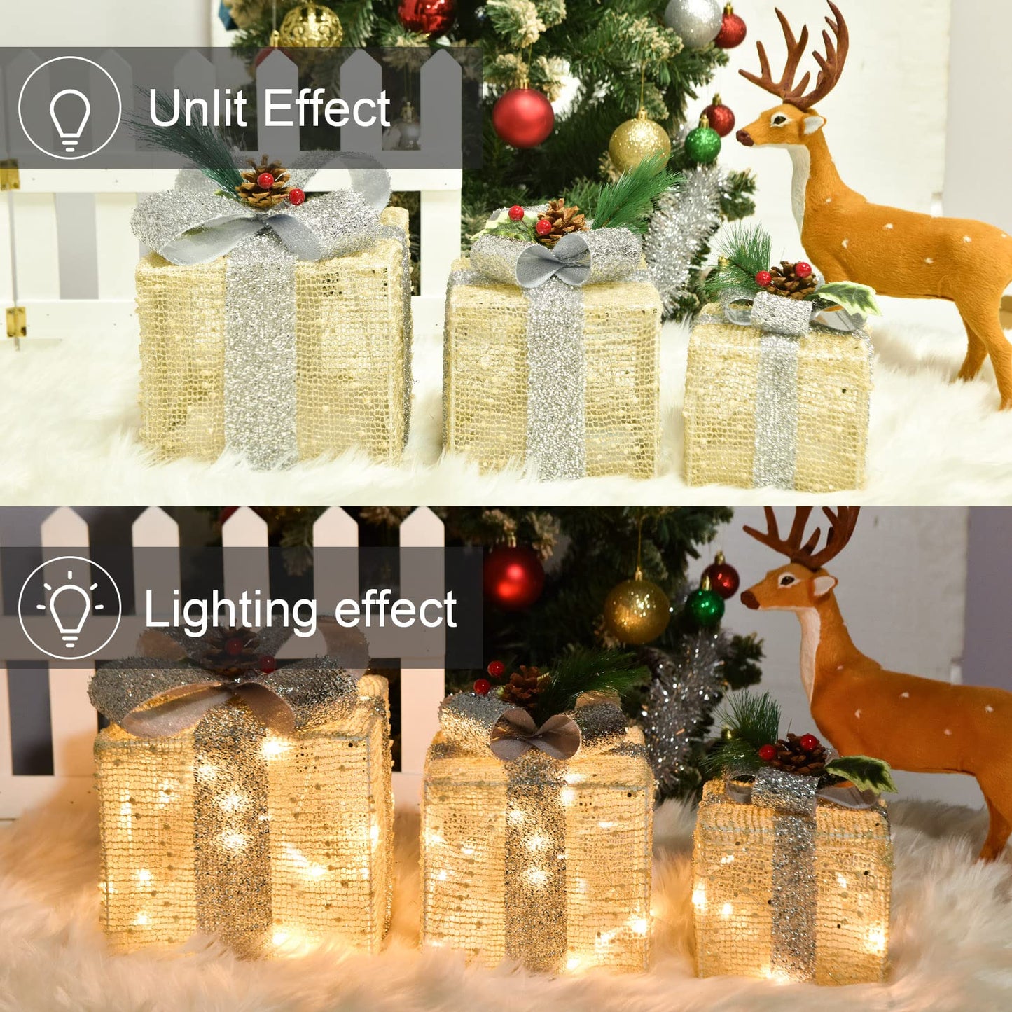 COVFEVER Christmas Lighted Gift Boxes, Pre-lit Lights Gold Linen Cloth Gift Boxes, Light up Present Boxes Set Battery Operated with Different Sizes for Holiday Indoor Outdoor Decorations (Gold Liene)