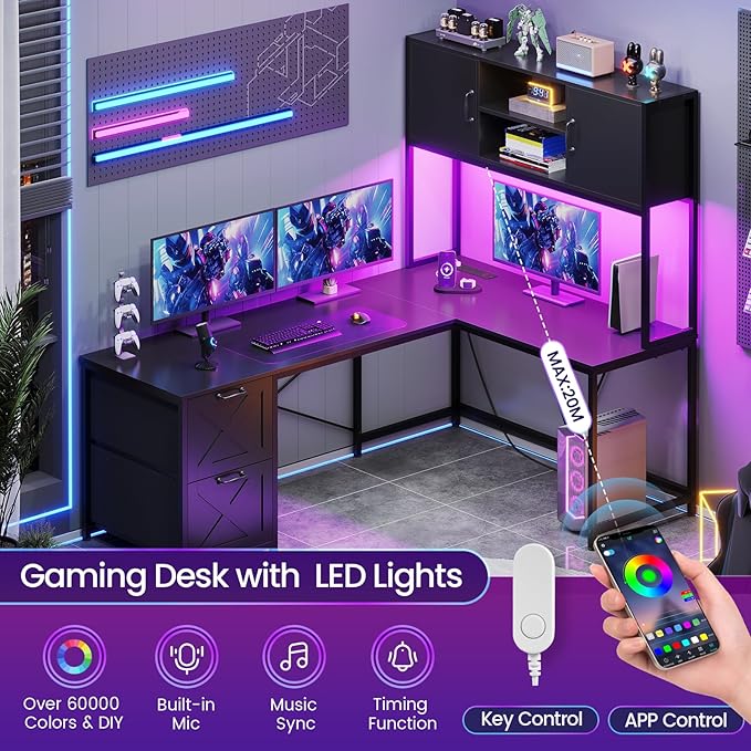 SEDETA Corner Computer Desk, Reversible L Shaped Computer Desk with Fabric Drawers and Power Outlet, Gaming Desk with Led Lights, Hutch and Storage Shelf for Home Office, Black