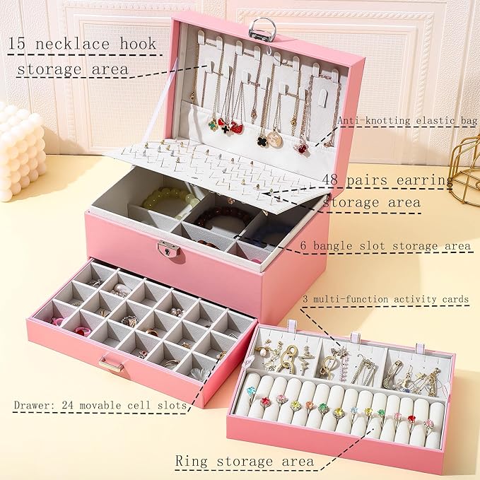 BOOVO Earring Jewelry Box For Women Girl Stud Organizer, 5 Layers Girl Jewelry Organizer Box With Lock Earring Holder Organizer Necklace Ring Jewelry Organizer Box For Girls (Pink)