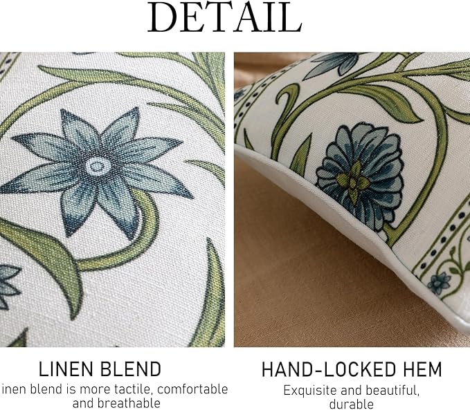 Design Fresh Linen Lumbar Throw Pillow Covers 12"x20" Pack of 2, French White Cottage Cushion Covers with Green Branches Pattern Decoration Pillowcases for Bed,Living Room,Outdoor,Car