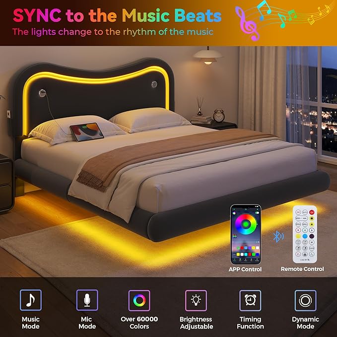 Queen Size Floating Bed Frame with LED Lights, Velvet Upholstered Headboard Bed Frame, Rounded Corners, Charging Station, No Box Spring Needed, Easy Assembly, Black