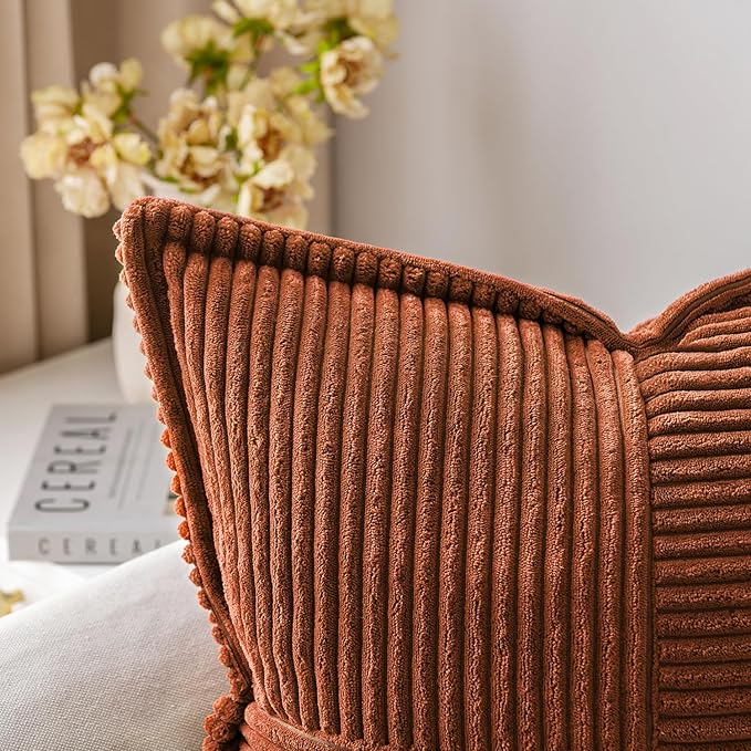 MIULEE Dark Rust Fall Decorative Euro Sham Throw Pillow Covers for Couch Bed Livingroom 24x24 Inch Set of 2 Boho Accent Throw Pllows Broadside Striped Patchwork Soft Corduroy Pillowcases