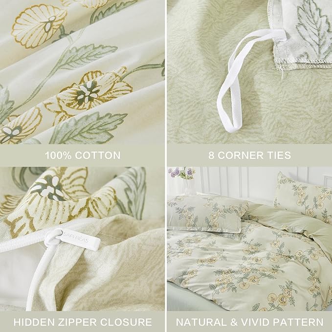 SAPHREAS Green Leaf Cotton Duvet Cover Set Full Size 3pcs Tropical Botanical Yellow Flower Bedding Comforter Cover Set 1 Duvet Cover 2 Pillow Shams, Comforter Not Included