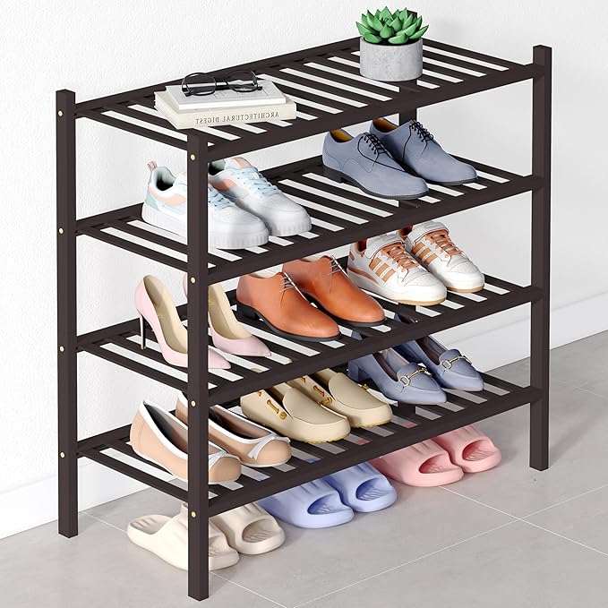 Smiry Bamboo Shoe Rack for Closet, 4 Tier Wooden Stackable Shoe Organizer, Free Standing Shoes Storage Shelf for Entryway, Front Door Entrance, Brown