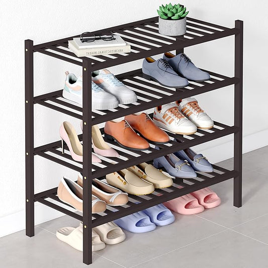 Smiry Bamboo Shoe Rack for Closet, 4 Tier Wooden Stackable Shoe Organizer, Free Standing Shoes Storage Shelf for Entryway, Front Door Entrance, Brown