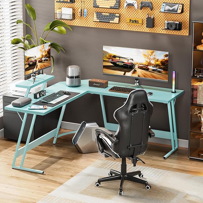 Homall L Shaped Gaming Desk Computer Corner Desk PC Gaming Desk Table with Large Monitor Riser Stand for Home Office Sturdy Writing Workstation (Blue, 51 Inch)
