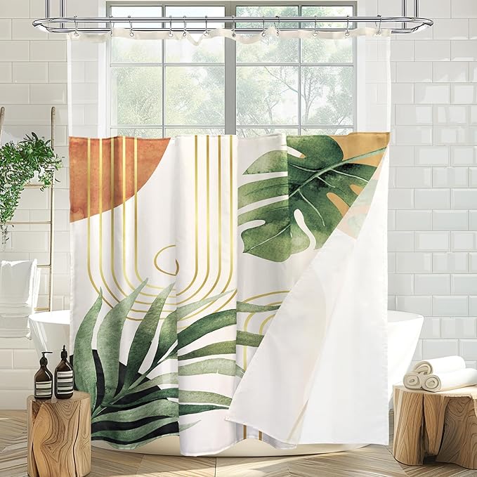 Glawry Boho Shower Curtain with Snap in Liner Modern Mid Century Tropical Palm Leaves Abstract Geometric Modern Arch See Through Mesh Top Window 72Wx72L Inches Bathroom Art Home Decor 12 Pack Hooks