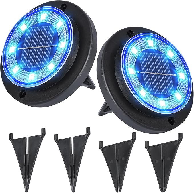 Flacchi Solar Ground Lights - Solar Powered Lights Outdoor Solar Disk Light Waterproof Landscape Light for Patio Yard Pathway Walkway Driveway (Blue, 2 Pack)