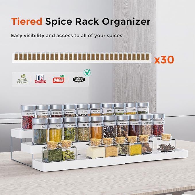 2 Pack Expandable Spice Rack Organizer for Cabinet - 3 Tier Adjustable Cabinet Spice Organizer Easy Visibility - Spice Organizer for Cabinet Countertop Cupboard Pantry Organization (White)