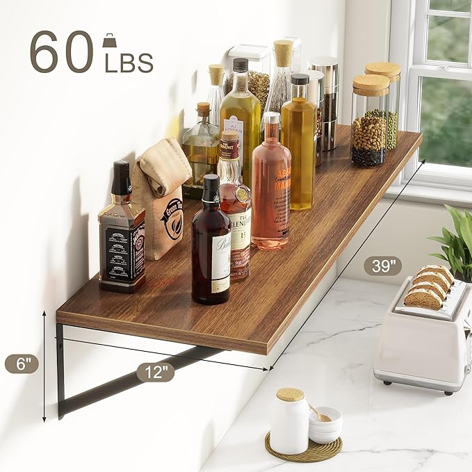 Fun Memories 40 Inch Floating Shelves, 12 Inch Deep Wall Shelf, 40 x 12 Floating Shelf Set of 2, Wood Floating Shelf Wall Mounted, Large Kitchen Living Room Bedroom Storage Shelves, Walnut