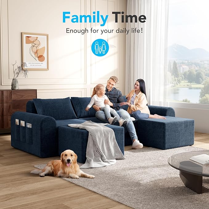 86.6” Cloud Boneless Sectional Sofa for Living Room, 3-Seater Modular Couch for Small Apartments with 2 Ottomans, Deep Seat Chenille Fabric Sofa, No Assembly Required, 72H Full Restore, Blue