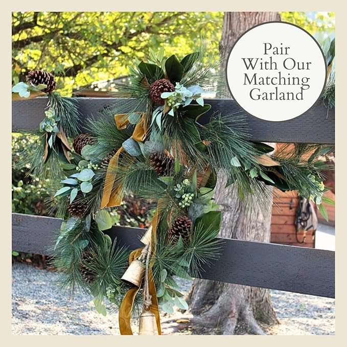 CG Hunter Holiday Collection Faux Wreath, Premium Artificial Indoor and Outdoor Large 28" Magnolia, Eucalyptus, Pinecone, Needle Pine Christmas Wreath, Christmas Decorations and Holiday Greenery