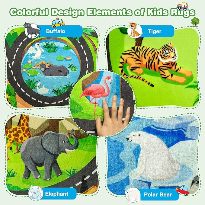 Kids Rug, 5' x 7' FT Animal Car Rugs for Kids Toy Cars, Extra Thick (0.4in) - Non-Slip Zoo Road Mat Carpet for Playroom & Bedroom, Educational Learning & Game Area