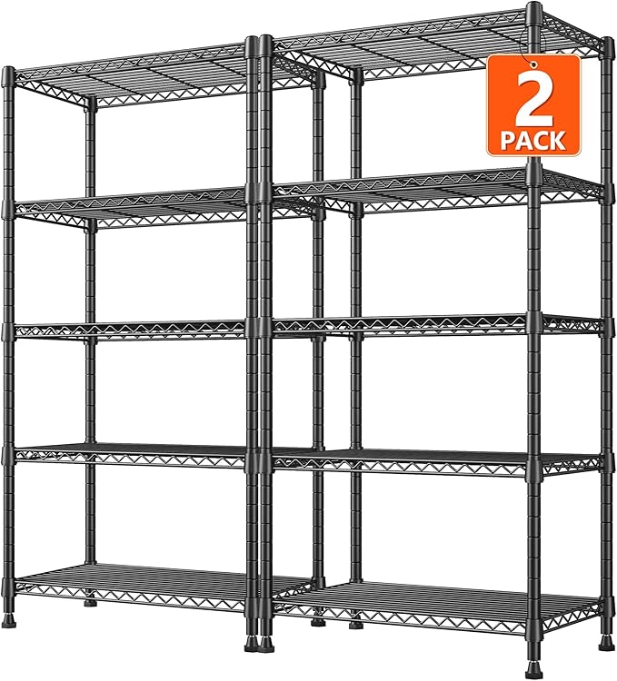 REIBII 1000LBS Wire Shelving Unit, 5 Tier Adjustable Metal Storage Shelves for Kitchen Pantry Office Steel Organizer Wire Rack for Narrow Space, 13.4" D x 23.2" W x 60" H, Black,2PCS