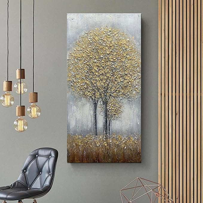Yotree Paintings, 24x48 Inch Paintings Oil Hand Painting Blue-gray Tree Painting 3D Hand-Painted On Canvas Abstract Artwork Art Wood Inside Framed Hanging Wall Decoration Abstract Painting