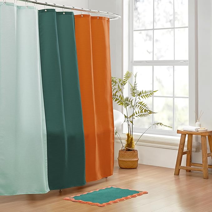 MONDAY MOOSE Bath Mat with Scalloped Wavy Ripple Design, Microfiber Absorbent Non Slip Tufted Rug for Floor, Shower or Kitchen (20x32 inch, Teal Peach)