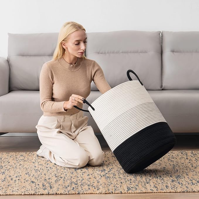 Woven Rope Laundry Hamper Basket, 72L Tall Laundry Basket, Baby Nursery Hamper for Blanket Storage in Bedroom-Large-Dark White