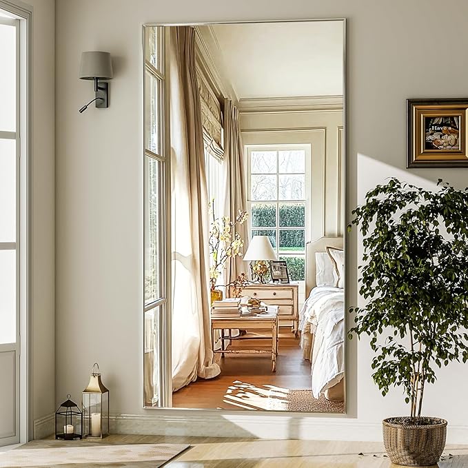 GLSLAND 71"x31" Full Length Mirror Extra Large Hanging or Leaning Rectangle Mirror Aluminum Alloy Thin Frame Bedroom Floor Dressing,Silver