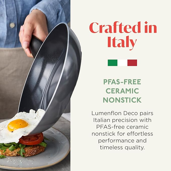Deco 8” Nonstick Frying Pan Skillet, Made in Italy, Diamond Ceramic PFAS-Free, Dishwasher & Metal Utensil Safe, Durable Gloss Enamel Finish, Stay-Cool Handle, High Walls-Extra Room, Gray
