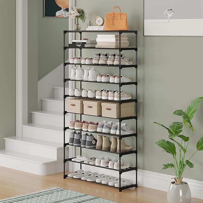 Calmootey 10-Tier Shoe Rack, Tall Large Capacity 50 Pairs Shoes Storage Organizer, Stackable Wide Shoe Shelf for Entryway, Hallway, Black