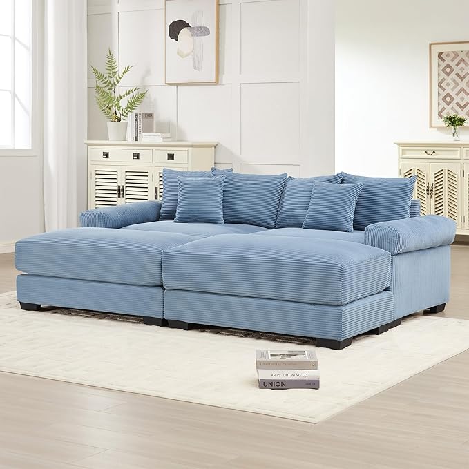 KEIKI 83" Oversized Corduroy Modular Sectional Loveseat Sofa with 2 Ottoman, High-Density Foam Cushion, Extra-Thick Armrest, Modern 2-Seater Fluffy Corner Couch with 6 Pillow, for Living Room, Blue