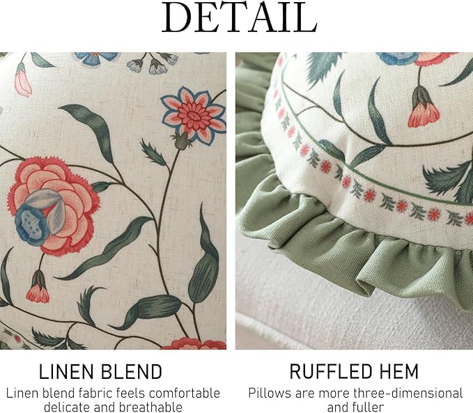 Design Round Retro Elegance Linen Throw Pillow Covers Diameter 16" Pack of 2, Green Pink Floral Pattern Cushion Covers Decor Pillowcases for Bed,Living Room,Outdoor,Car