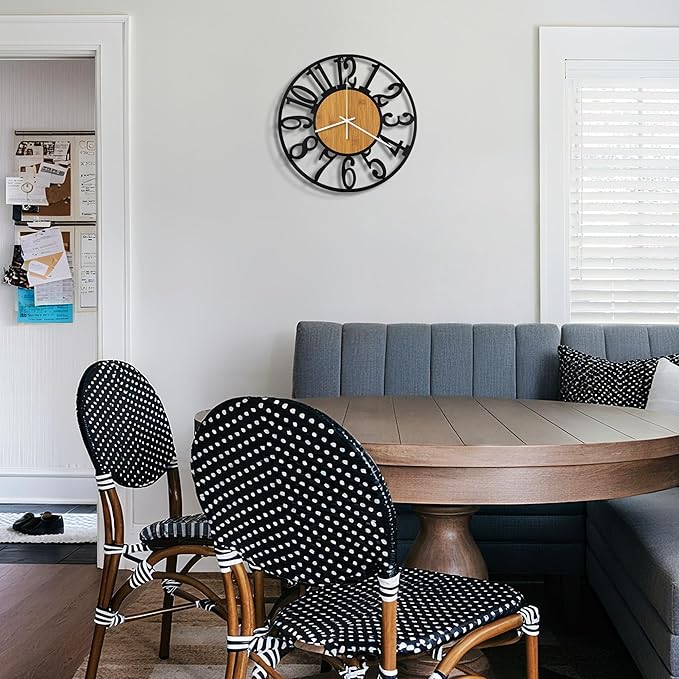 Maxstar Wall Clock Battery Operated,Silent Non-Ticking Modern Rustic Metal Round Clocks Small for Living Room/Bedroom/Office/Kitchen/Farmhouse Home Decor-10 Inch(Yellow-Wood)