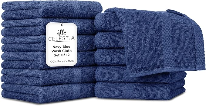 100% Cotton Wash Cloth for face & Body Set of 12, (12 x 12 inches) Sustainable, Soft, Highly Absorbent, Combed Cotton Wash Cloths Pack of 12 for Hotels, Spa, Bathroom, Dorm, Navy Blue
