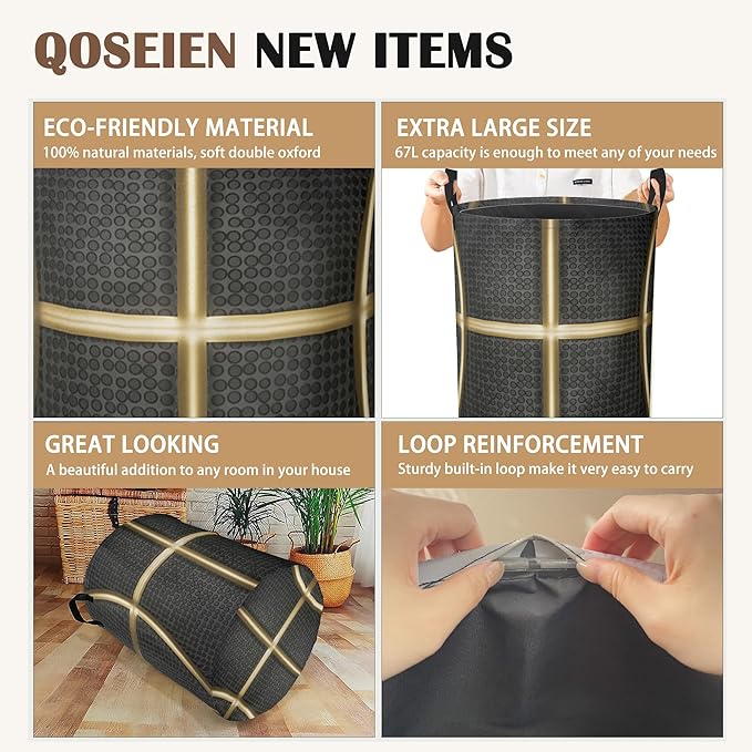 Large Laundry Basket,Black Basketball Collapsible Laundry Baskets,Golden Lines Waterproof Oxford Hamper with Handles for Bathroom Bedroom Nursery Home Storage 16"x20"