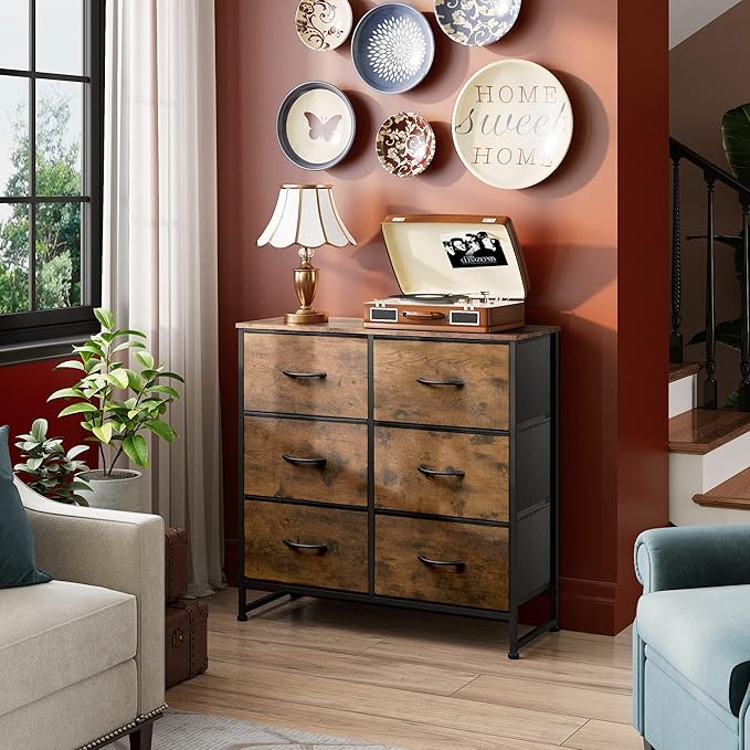 WLIVE 6 Drawer Dresser for Bedroom, Fabric Double Dresser, Storage Tower with Fabric Bins, Chest of Drawers for Closet, Living Room, Hallway, Rustic Brown Wood Grain Print