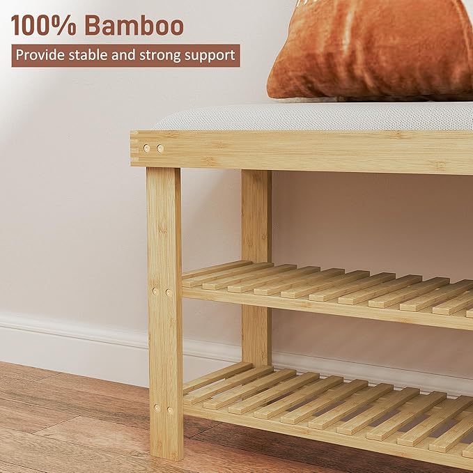 HOMCOM Bamboo Shoe Bench, 3-Tier Entryway Bench with Storage and Cushion, Shoe Organizer for Entryway, Hallway, Holds Up to 331 lbs, 35.4 x 11.4 x 19.3 Inches, Cream White