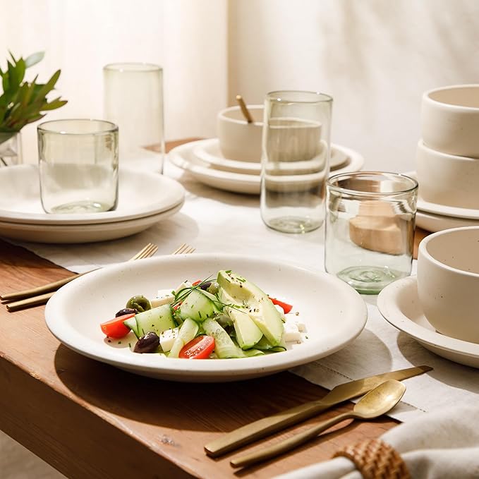 Bloomhouse Corsica Clay 12 Piece Stoneware Rustic Reactive Glaze Dinnerware Set - Stackable Plates and Bowls Set. Service for 4 - Matte Sea Salt White