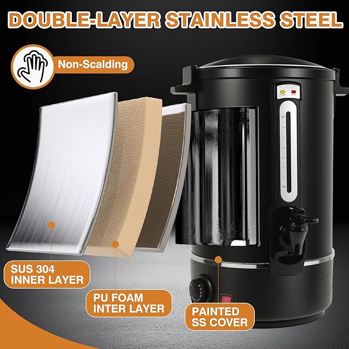 Commercial Coffee Urn，110 Cups/16.5L Black Stainless Steel Large Coffee Dispenser，Double Wall Electric Coffee Urn，Electric Coffee Maker Urn，Commercial Percolate Coffee Maker Hot Water Urn