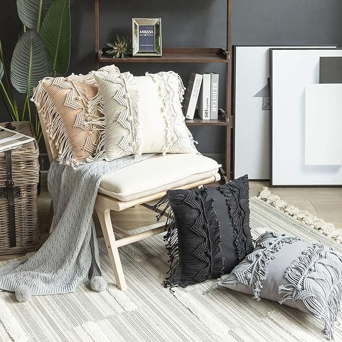 Phantoscope 100% Cotton Handmade Symmetry 3D Crochet Woven Boho Throw Pillow Farmhouse Pillow Insert Included Decorative Cushion for Couch Sofa Grey 18 x 18 inches 45 x 45 cm