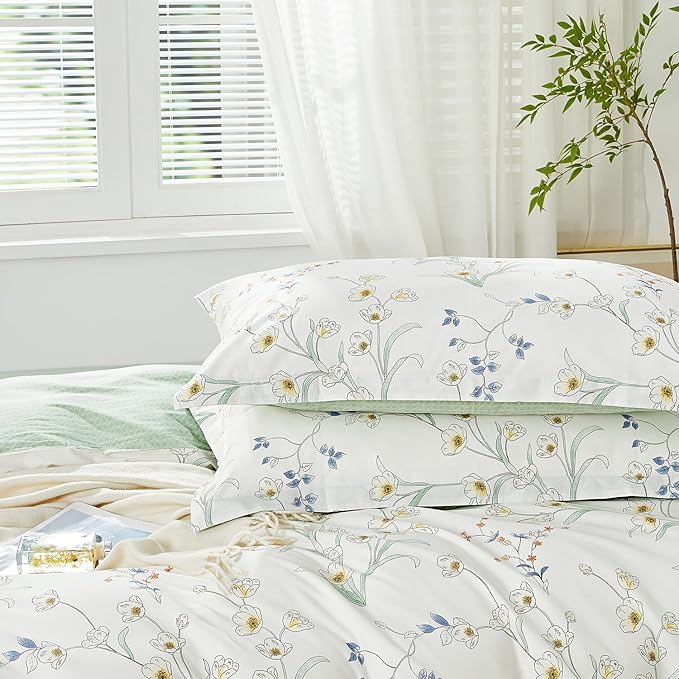 SAPHREAS White Floral Duvet Cover Set King Size 3pcs Botanical Magnolia Flower Bedding Comforter Cover Set 100% Cotton 1 Duvet Cover 104"x90" 2 Pillow Shams, Comforter Not Included